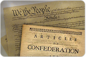 Illustration of a paper scroll representing the Articles of Confederation and a paper scroll representing the U.S. Constitution.