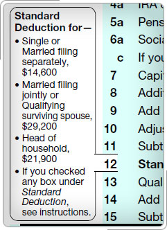 Form 1040, income section shows standard deduction amounts.