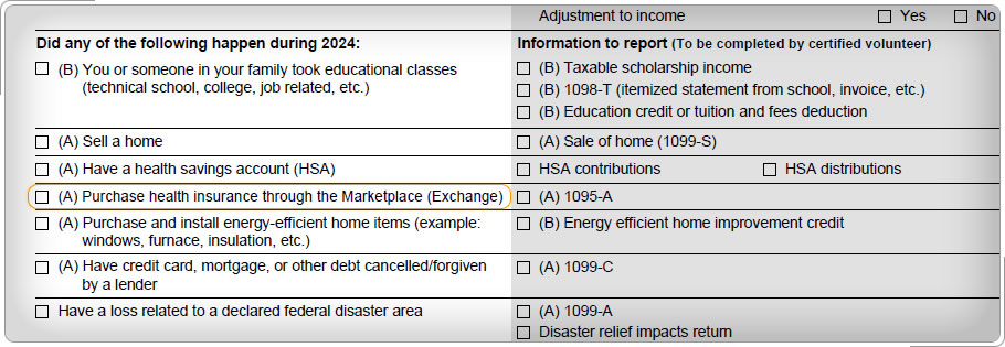 Portion of Form 13614-C with the question “Purchase health insurance through the Marketplace (Exchange)” highlighted.