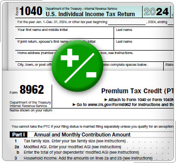 Form 8962 and Form 1040 with plus or minus sign