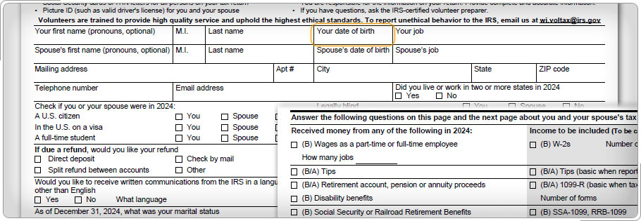 Intake and interview sheet showing Taxpayer personal informationmarital status and household information, and income questions.