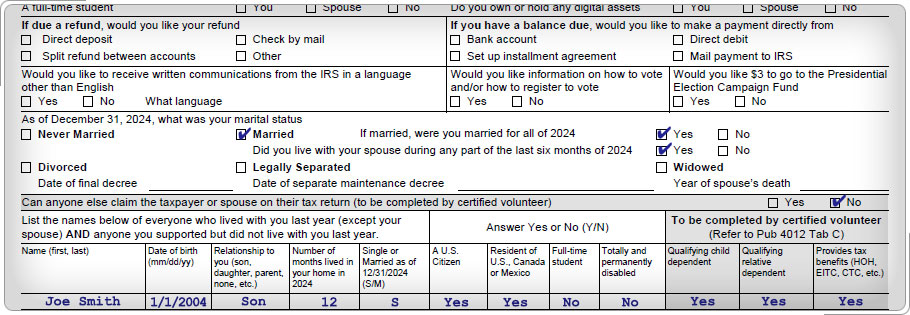 Portion of Intake and interview sheet showing that the taxpayer is legally married, spouse could not be claimed as anyone else's dependent, and taxpayer has a son named Joe Smith, born on 1/1/2004.