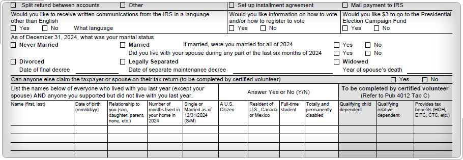 Intake and interview sheet showing Taxpayer marital status and household information.