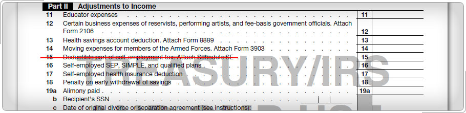 Adjusted Gross Income section of Schedule 1 with line 15 crossed out.