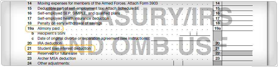 Adjustments to Income section of Schedule 1 with alimony and student loan interest lines highlighted.