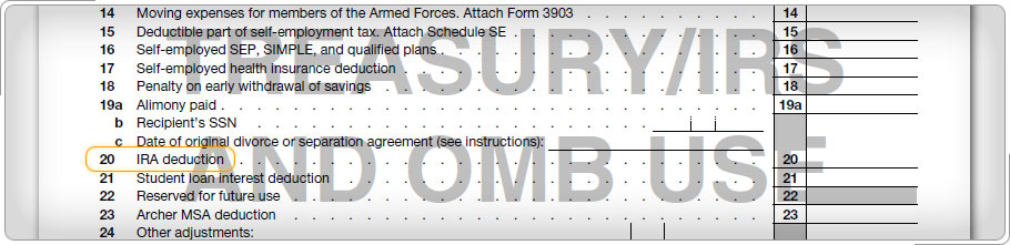 Adjustments to Income section of Schedule 1 with IRA deduction line highlighted.