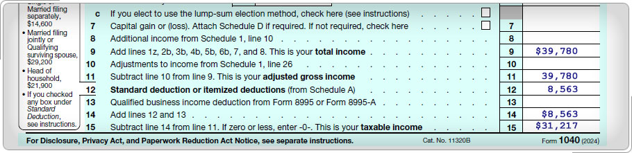 Form 1040 showing Itemized Deductions from Schedule A of $8,563