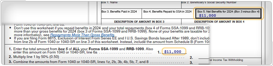 Form SSA-1099 with $11,000 in box 5 and Figuring your taxable benefits worksheet with $11,000 in line 1.