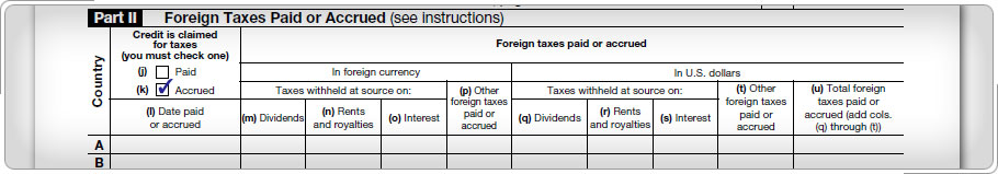 Part II of Form 1116 with check in box (i) Accrued.