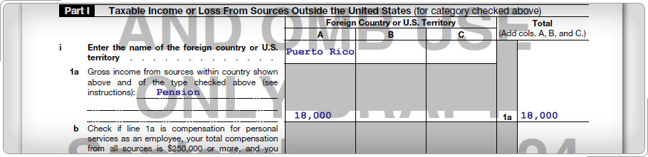 Pedro Rivera's Form 1116, Part I. Column A = Puerto Rico and Line 1a = 18,000.