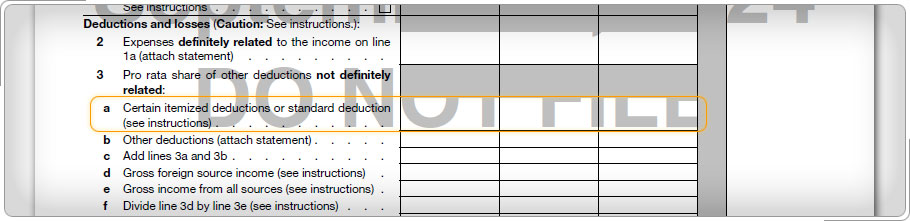 Form 1116, lines 3a through 3g with line 3a highlighted.