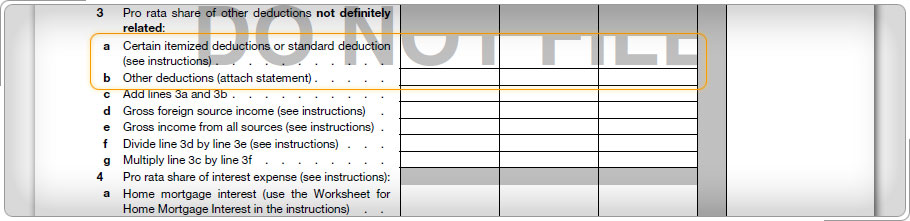 Form 1116, lines 3a through 3g with lines 3a and 3b highlighted.