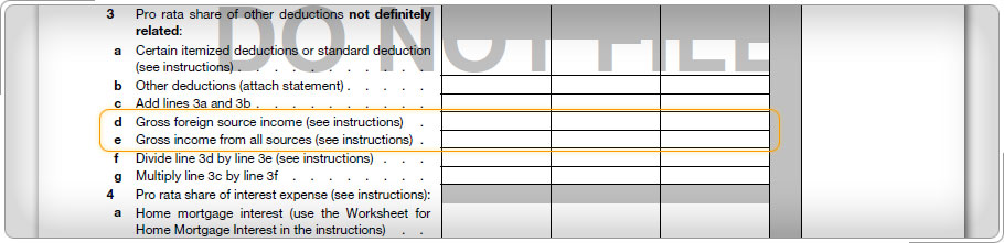 Form 1116, Lines 3d and 3e highlighted.