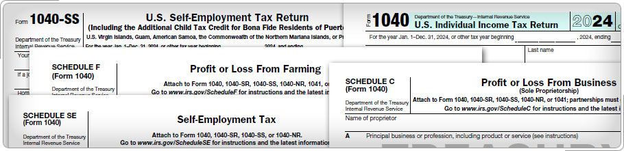 Tops of Form 1040-SS, 1040, Schedule C, and Schedule SE.