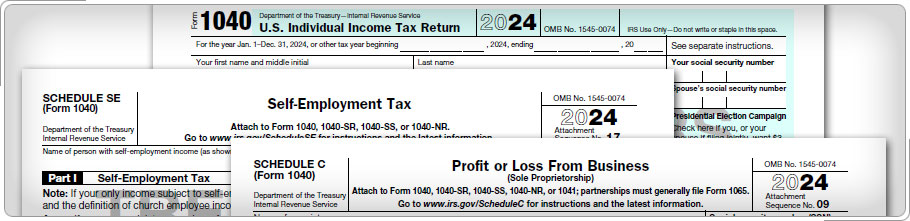 Tops of Form 1040, Schedule C, and Schedule SE.