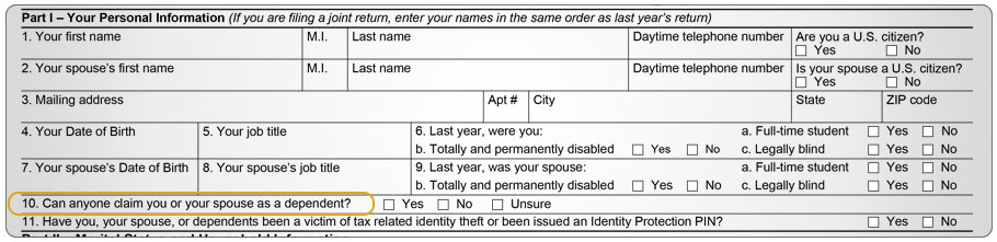 Form 13614-C with highlighted question "Can anyone else claim the taxpayer or spouse on their tax return?"