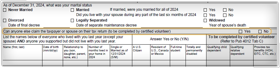 Form 13614-C with highlighted question “Can anyone else claim the taxpayer or spouse on their tax return?”