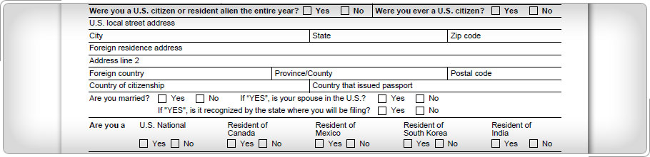 Portion of Form 13614-NR showing residency