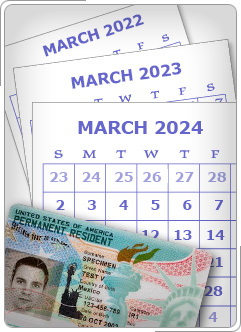 Collage of a green card and several months from a calendar