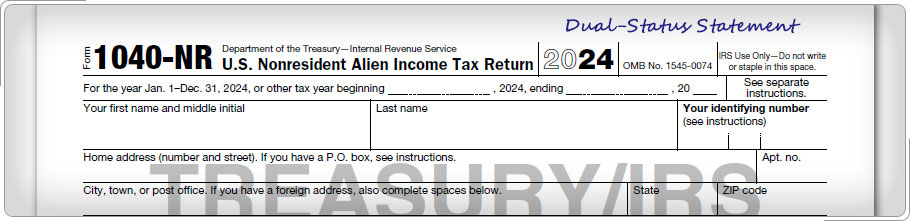 Top portion of Form 1040-NR with Dual-Status Statement written on the corner