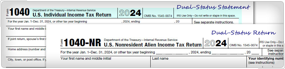 Top of Form 1040 and Form 1040-NR with Dual-Status handwritten across the top.