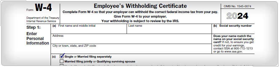 Portion of Form W-4, page 1 with Single box checked.