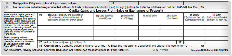 Form 1040-NR, Capital Gains or Losses From Sales or Exchanges of Property