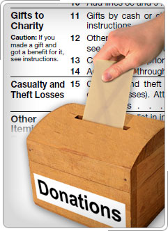 Envelope being inserted into a donation box, with tax form in the background.