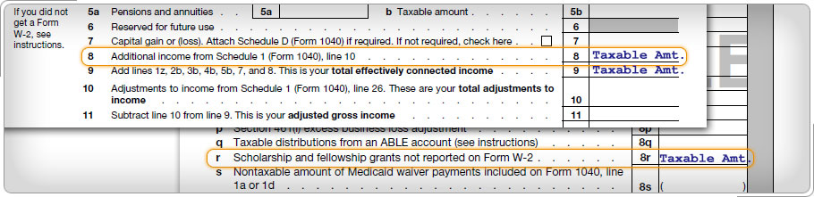 Portion of the 1040-NR, Scholarship and fellowship grants highlighted.