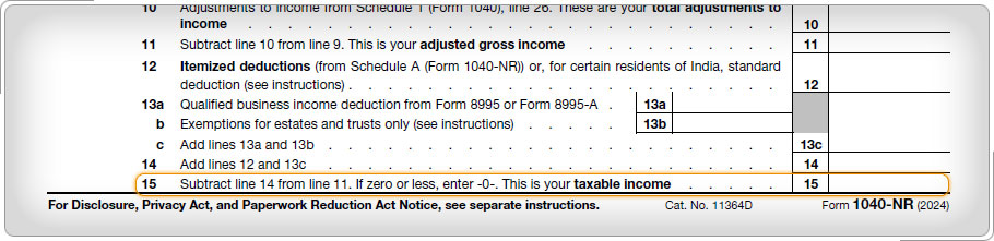 Form 1040-NR showing the Taxable income line.