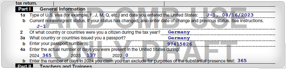 Dr. Mueller's Form 8843, Part I, General Information.