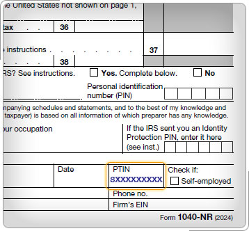 Bottom of Form 1040NR showing SIDN location.