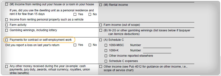 Intake and interview sheet, page 2, Self-employment income highlighted