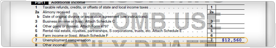 Form 1040 with $12,560 entered for unemployment compensation.