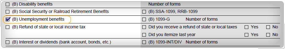 Income section of intake and interview sheet, Yes box is checked for Unemployment compensation (1099-G).