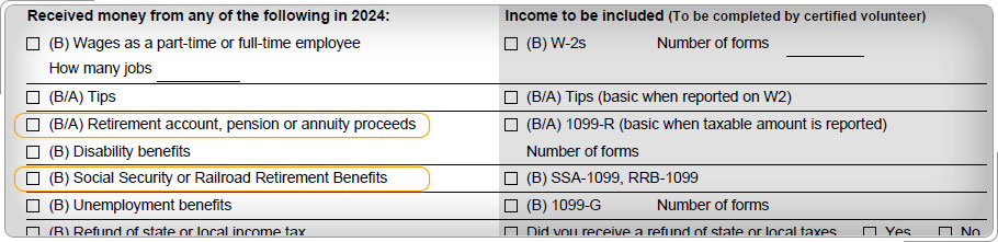 Intake and interview sheet, questions about income from pensions, annuities, IRAs, and unemployment compensation, and Social Security or railroad retirement benefits