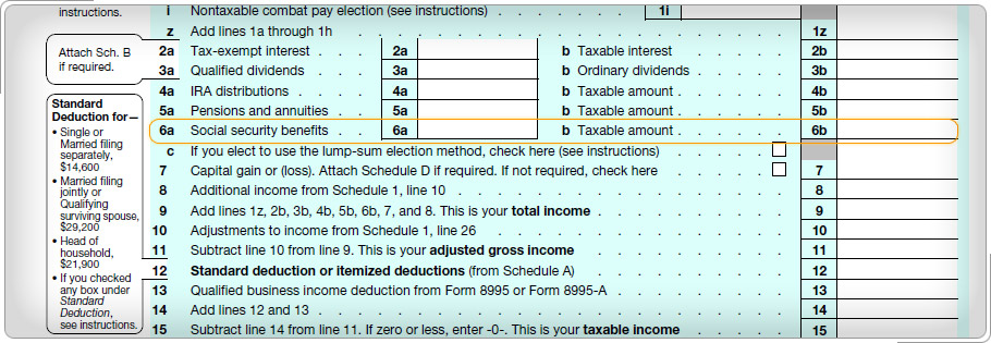 Form 1040, lines for Social Security benefits and taxable amount.