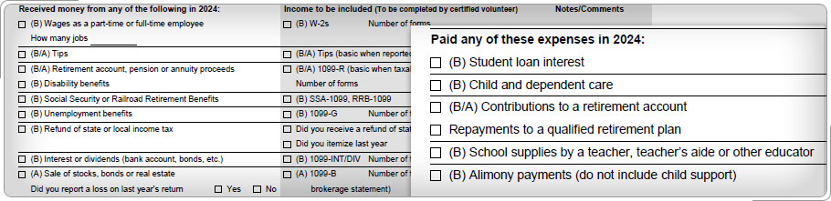 Part 3, Income, and Part 4, Expenses, on the intake and interview sheet.