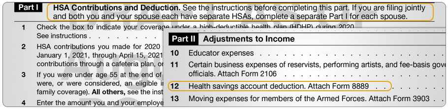 Form 8889, Part I and Form 1040, Schedule 1, Adjustments section line 12.