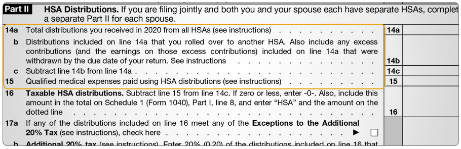 Form 8889, Part II, 14a and line 15.