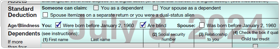 Form 1040 Tax and Credits section, showing checkmarks for age and blindness.