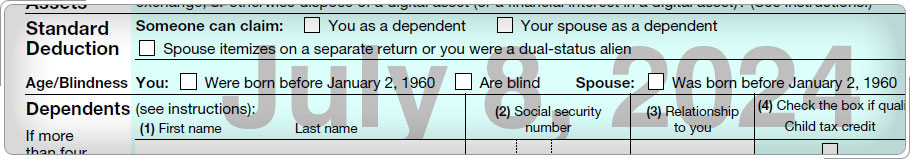 Form 1040 Tax and Credits section, showing blank boxes for age and blindness.