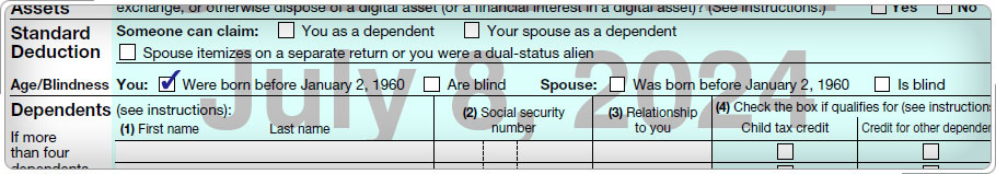 Form 1040 Tax and Credits section, showing checkmark for older than 65.