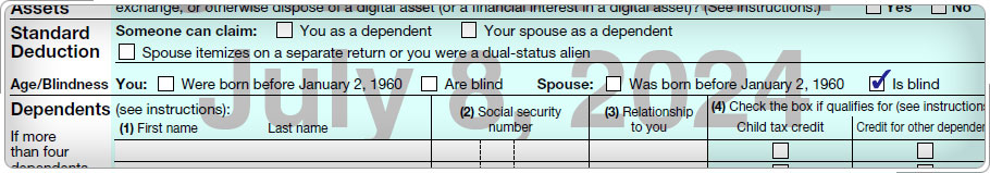 Form 1040 Tax and Credits section, showing checkmark for spouse blindness.