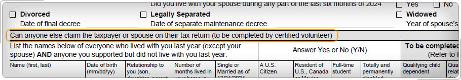 Intake and interview sheet question about being claimed as a dependent on another person's tax return.