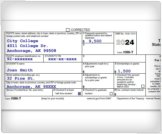 Form 1098-T showing payments received for qualified tuition and related expenses and scholarships or grants.