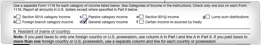 Form 1116 with checkmark in box for General category income.