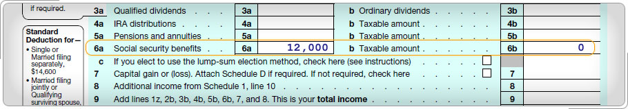 Form 1040, Social Security benefits line showing $12,000.