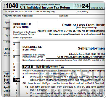 Collage of Form 1040, Schedule C, and Schedule SE.