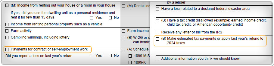 Intake and interview sheet, questions about income and estimated tax payments.